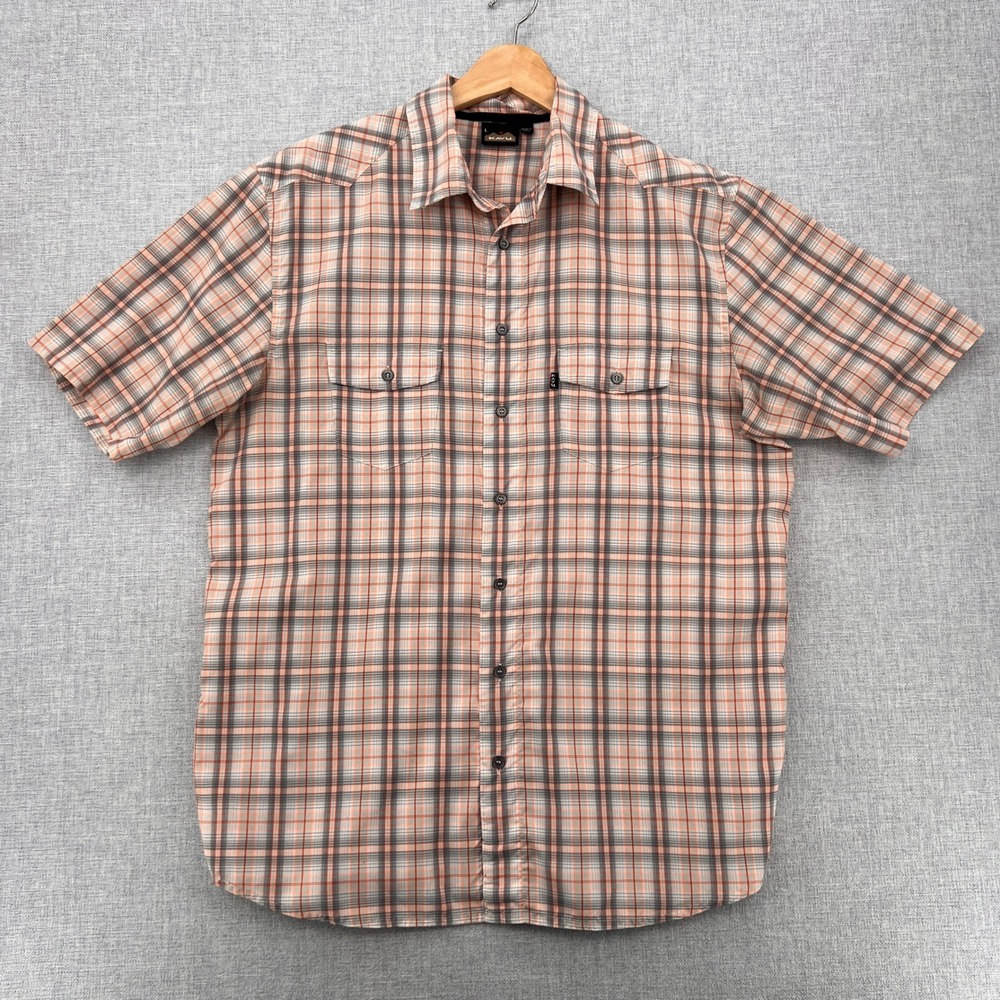 KAVU Plaid Short‎ Sleeve Button Shirt Men Large Gray Orange Outdoor Stretch GORP